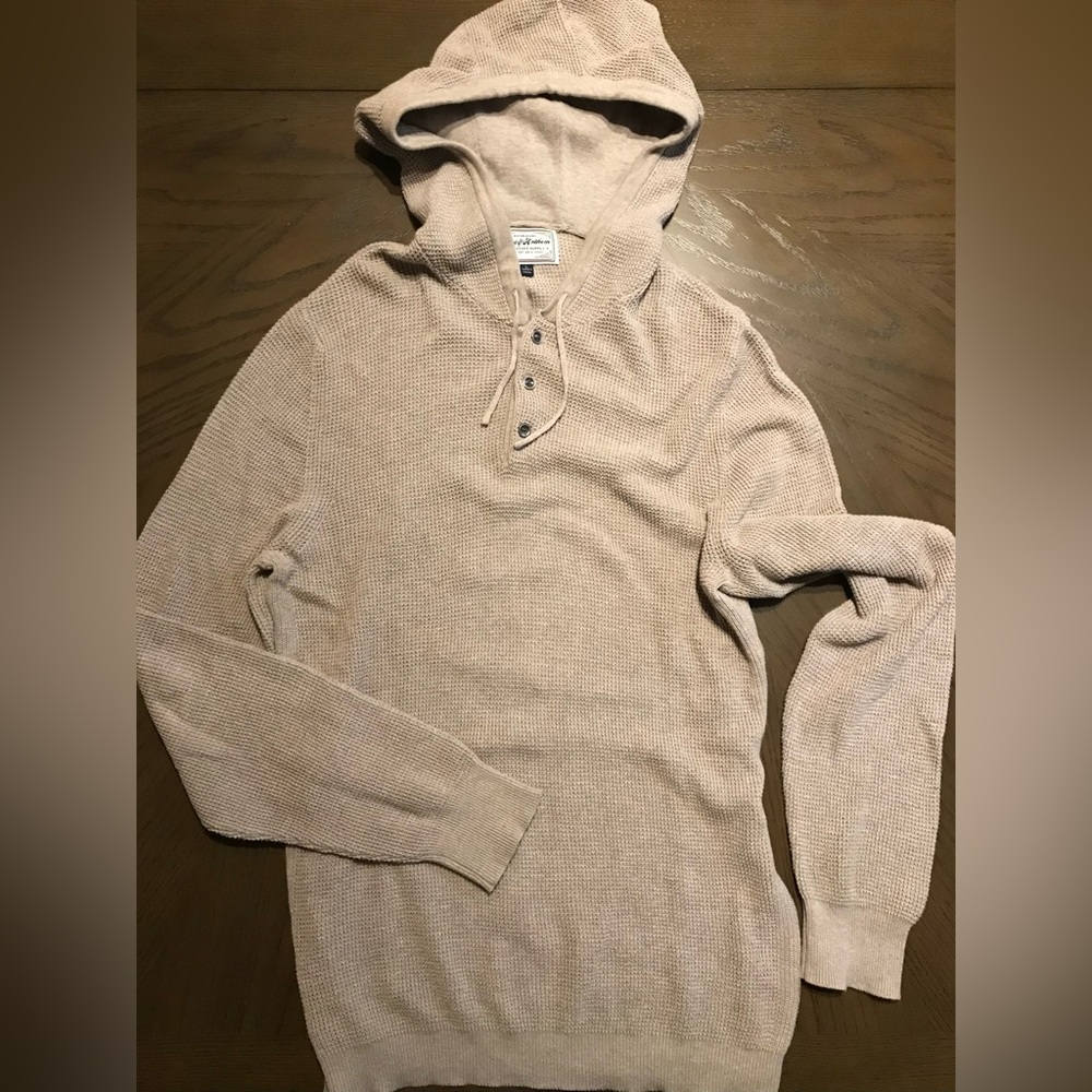 Flag & Anthem Mens Large Waffle Knit Hooded Sweater Hoodie Pullover Tan